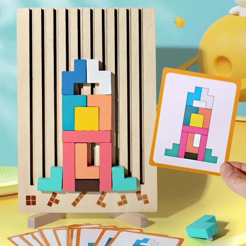Puzzle en bois assemblé sur une table, vue de côté