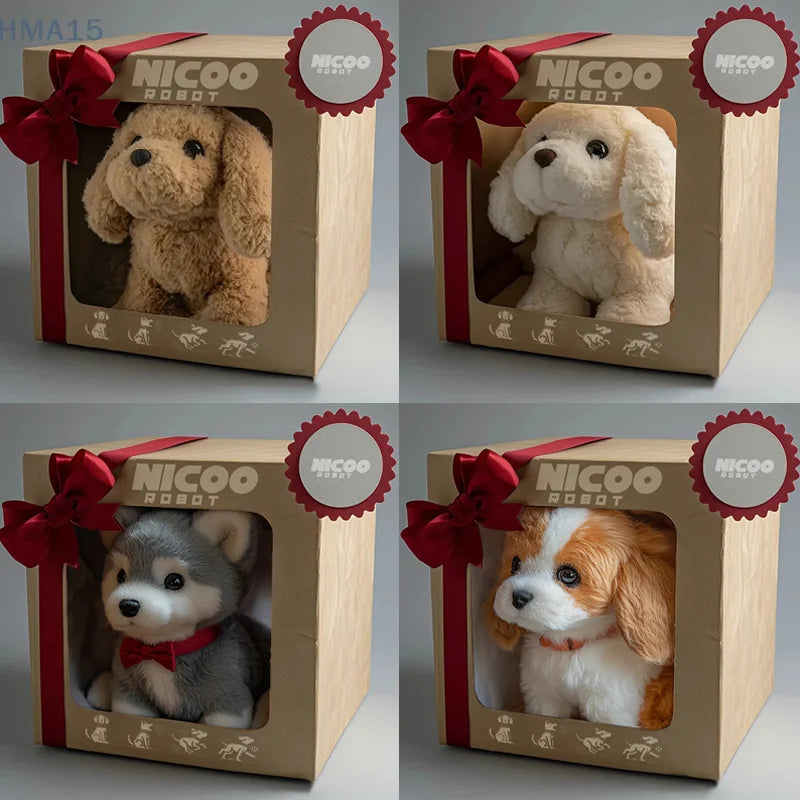 Chiot robot en position de jeu sur un tapis