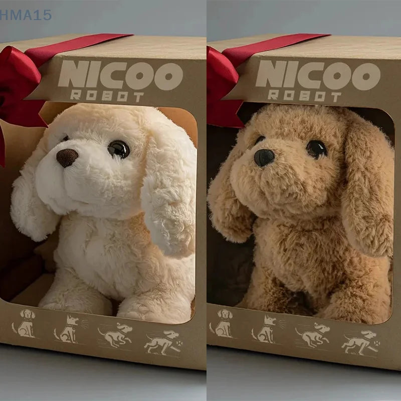 Chiot robotique réaliste assis sur un sol en bois