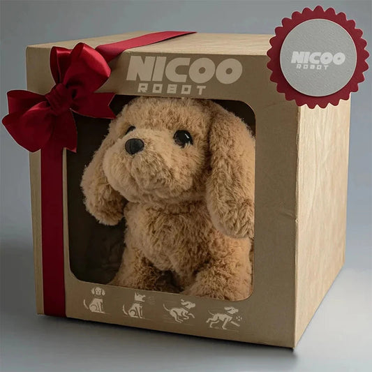 Chiot robotique entouré de jouets, ambiance de jeu animée