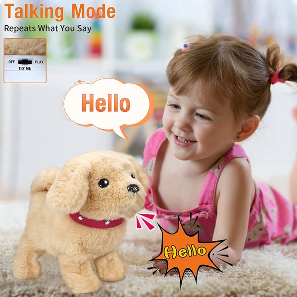 Chien jouet interactif en peluche assis sur un tapis