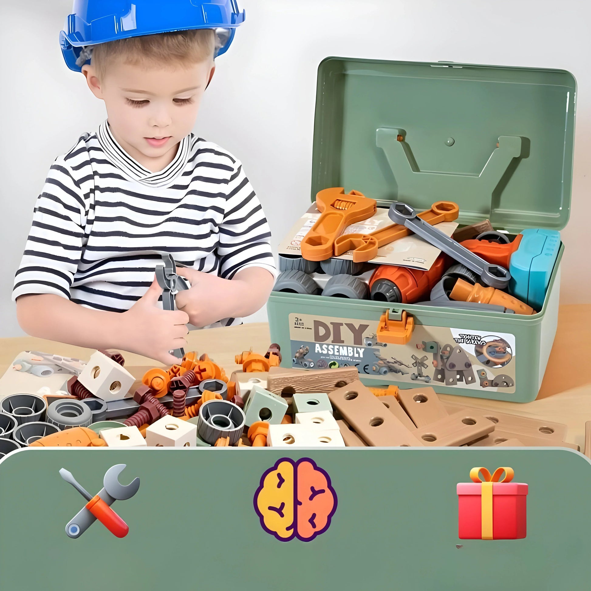 Ensemble de construction avec outils pour enfants, vue d'ensemble