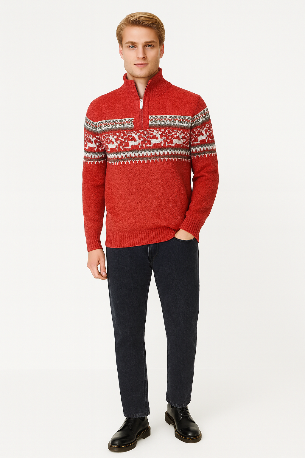 Pull en tricot avec motif de renne joyeux sur fond rouge