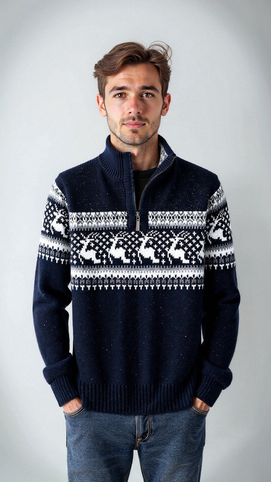Détail du motif de renne sur un pull de Noël festif