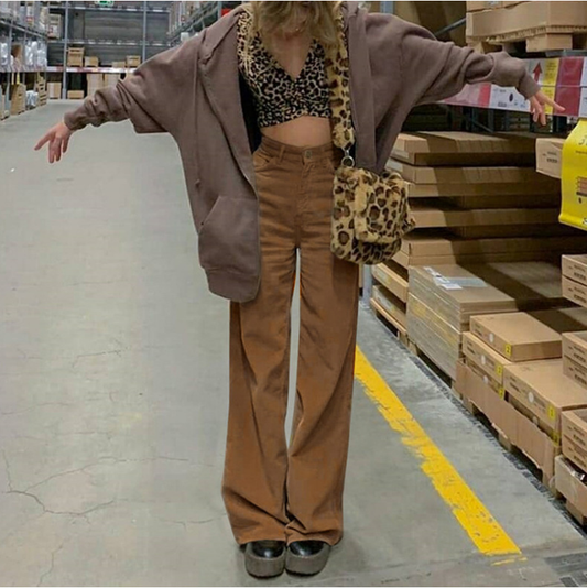 Pantalon large en velours côtelé khaki pour femmes