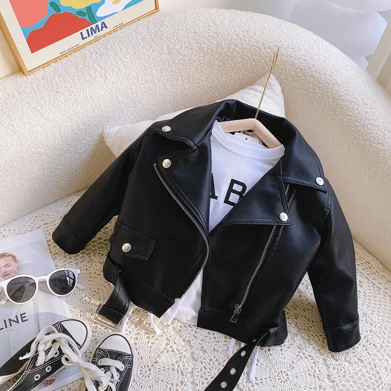 Veste enfant similicuir noir avec doublure chaude visible