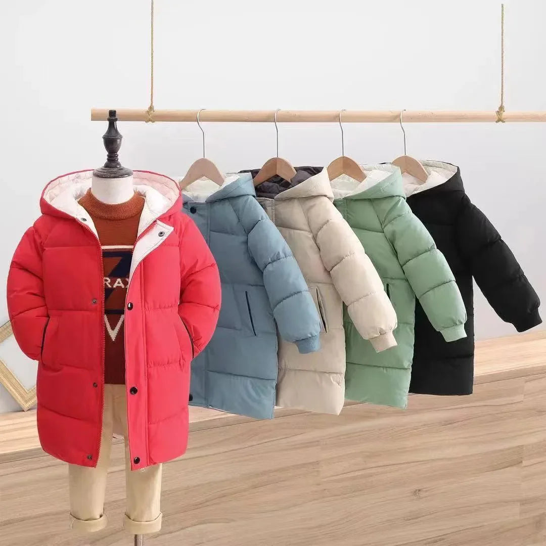 Manteau long enfant en duvet avec capuche, couleur vive