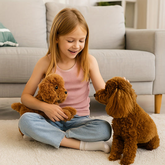 Chien en peluche doux, posé sur une surface blanche