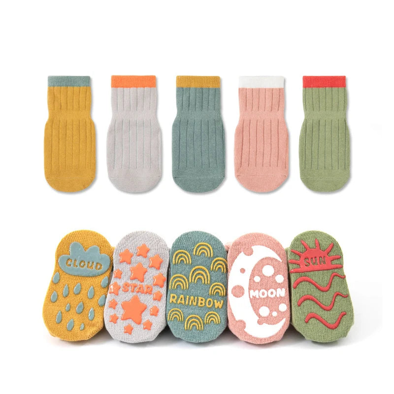 Cinq paires de chaussettes enfant antidérapantes en coton coloré