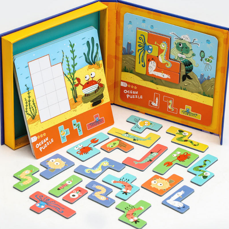 Puzzle en bois avec animaux marins colorés sur fond blanc