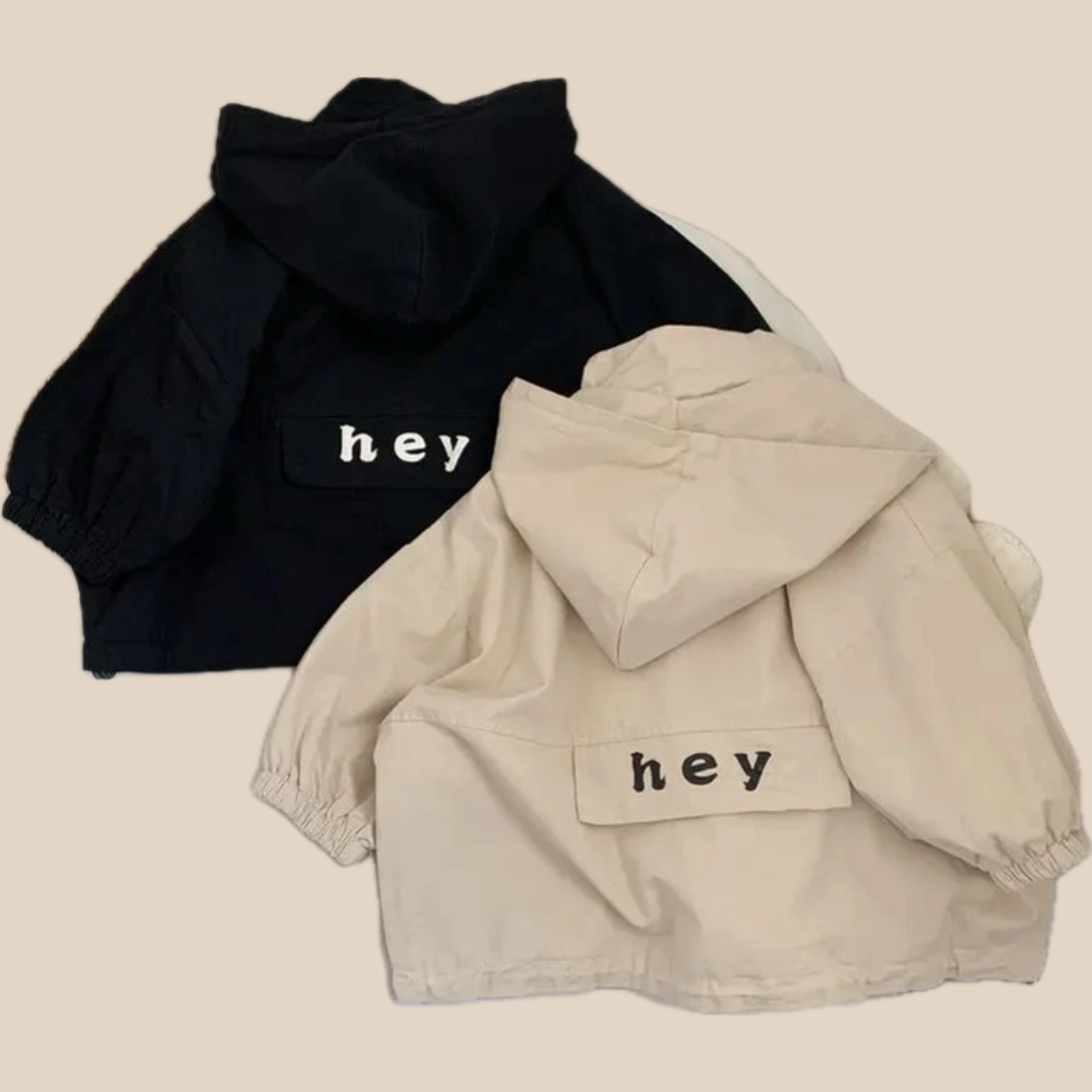 Veste enfant beige et noire avec capuche, vue de face