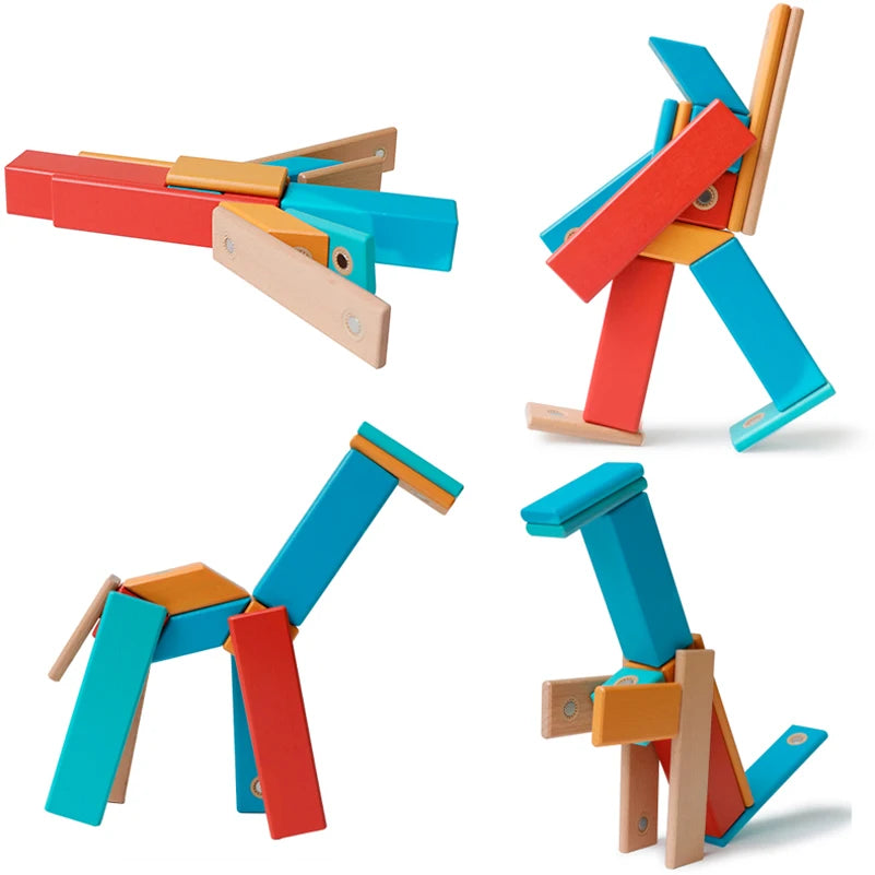 Gros plan sur blocs magnétiques en bois assemblés