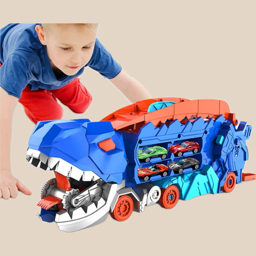 Camion transporteur de dinosaures en plastique sur fond blanc