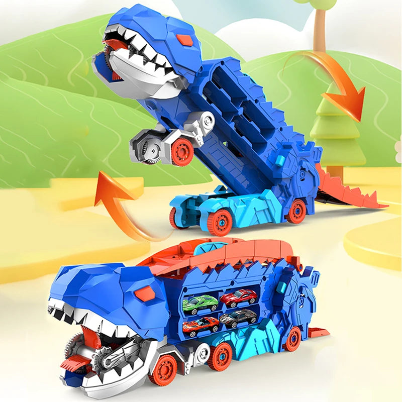 Camion jouet transportant des figurines de dinosaures colorées