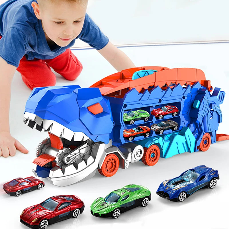 Figurines de dinosaures variées posées devant le camion