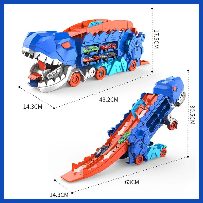 Enfant jouant avec le camion et les dinosaures inclus