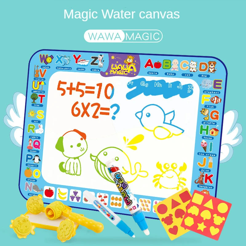 Enfants dessinant sur un tapis d'eau coloré avec stylos