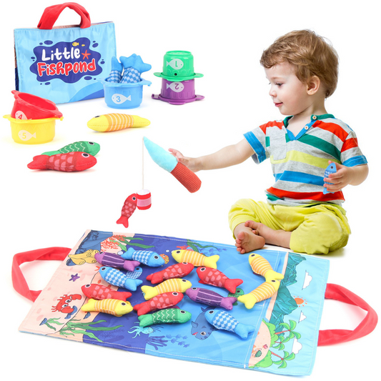 Ensemble complet du jeu de pêche avec tapis, poissons et canne