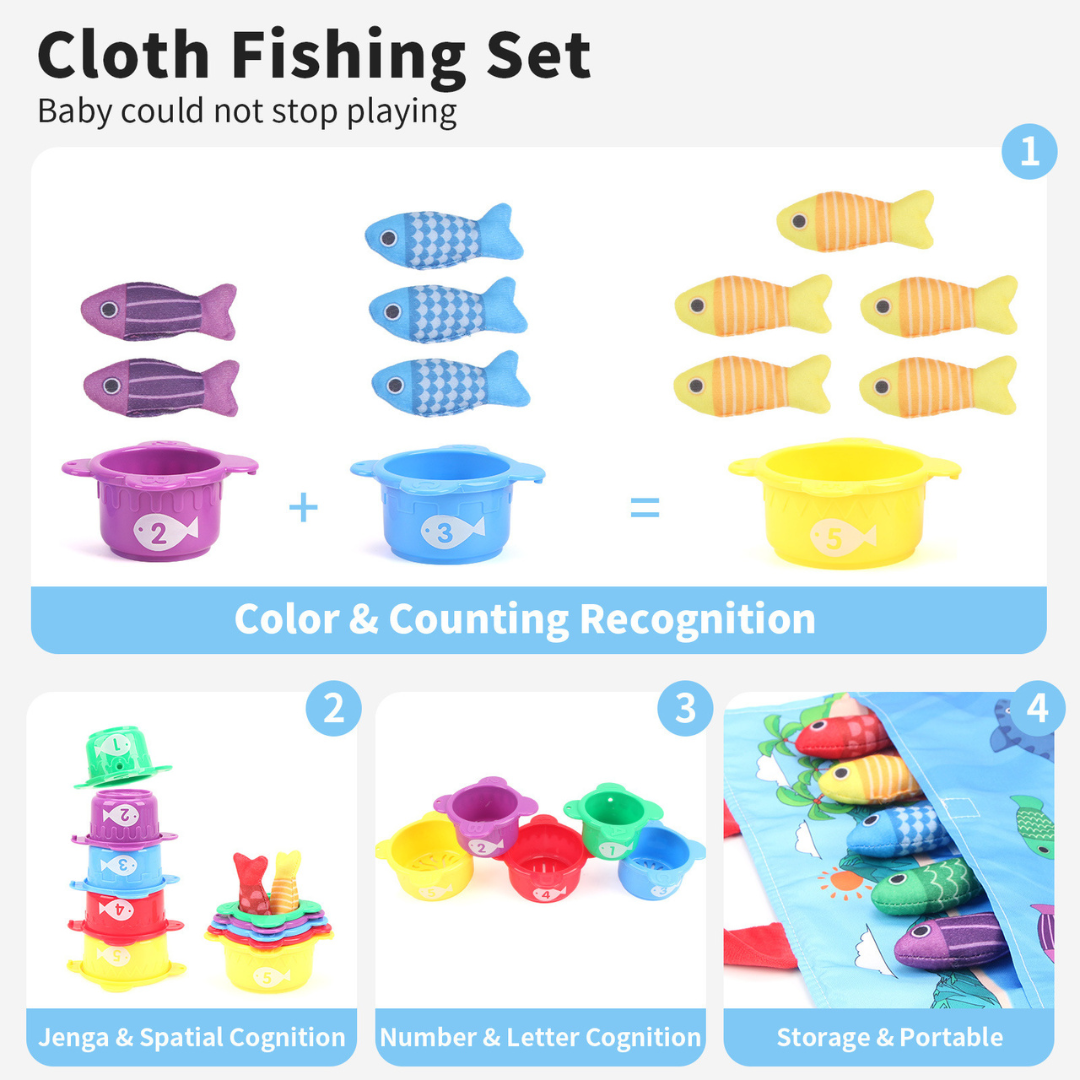 Gros plan sur des poissons en peluche multicolores et canne magnétique
