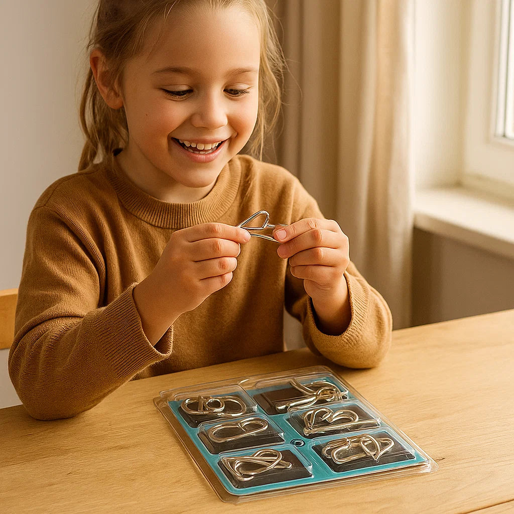 Livret d'instructions ouvert à côté des puzzles en métal