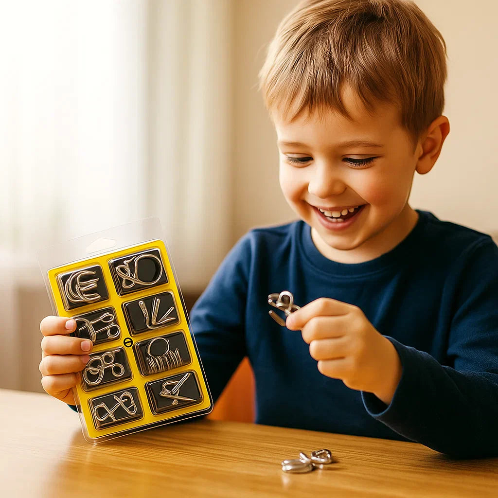 Main d'un enfant manipulant un puzzle en métal, geste précis