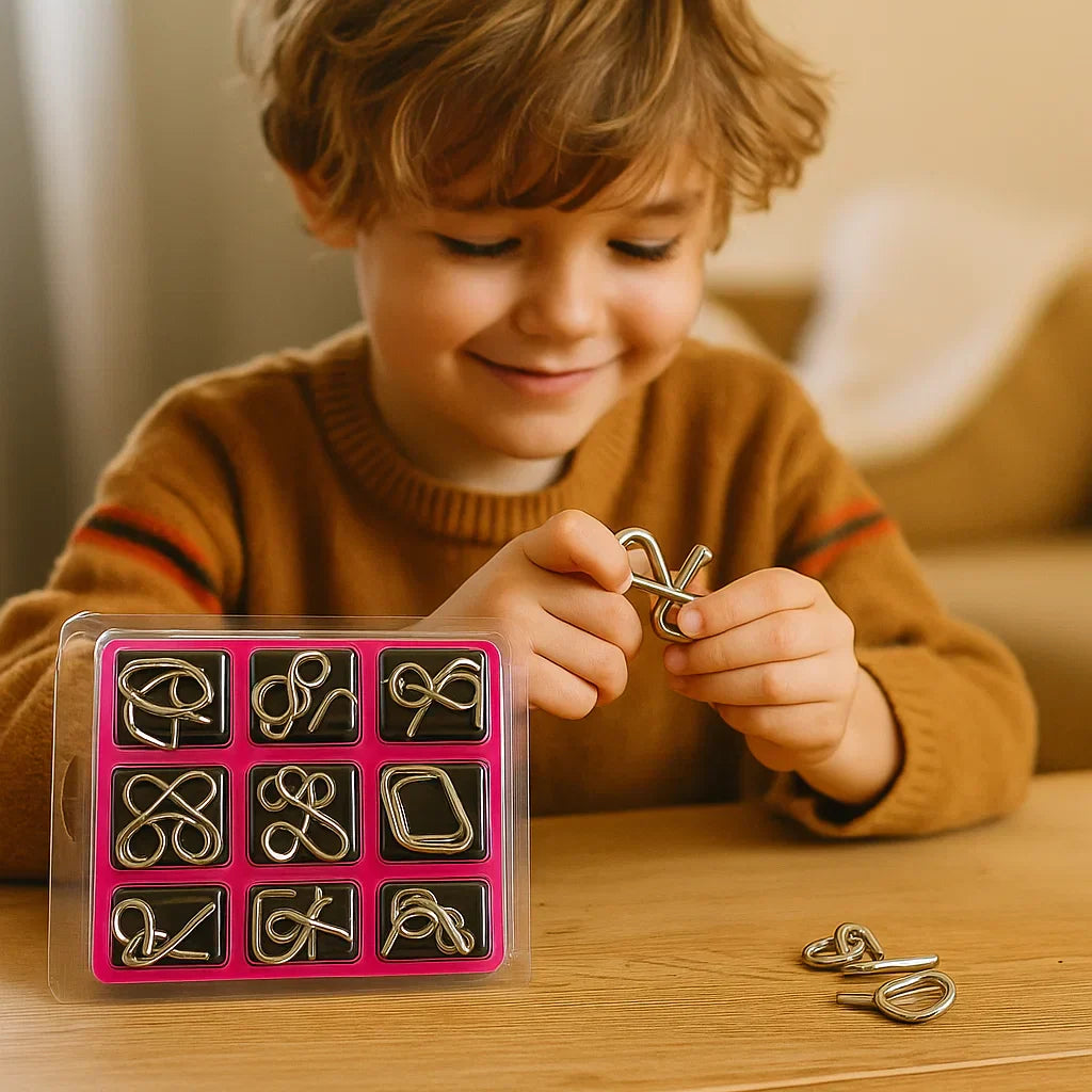 Puzzles en métal rangés dans un tableau de rangement noir