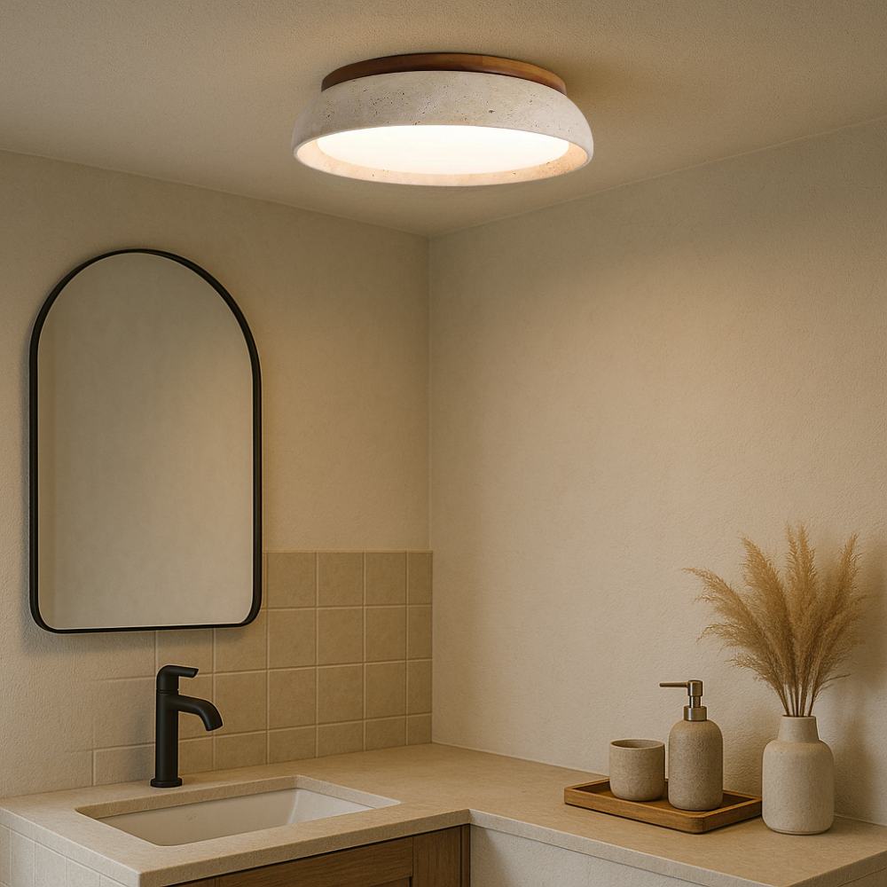Lampe de plafond en travertin et bois éteinte