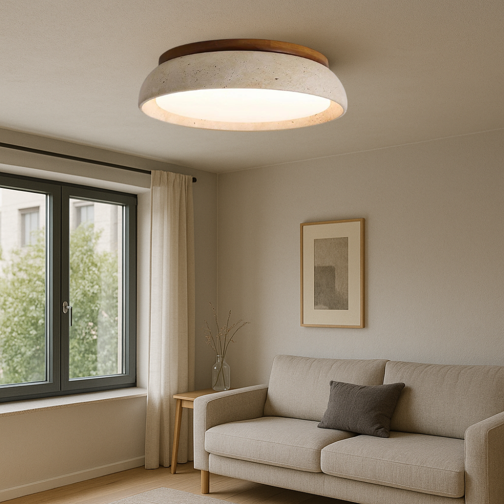 Détail du bois et travertin de la lampe