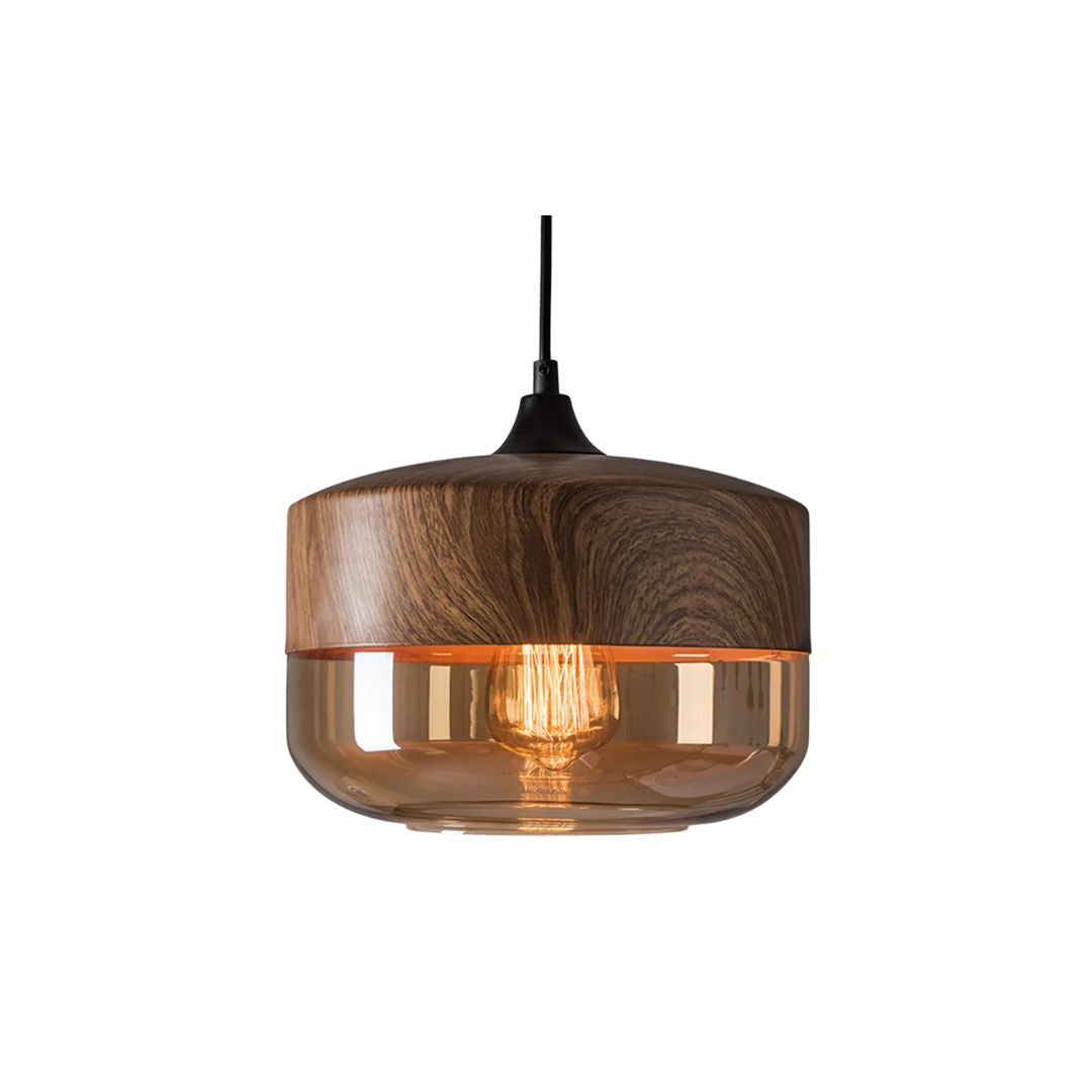 Lampe pendante en bois vue de face, lumière allumée