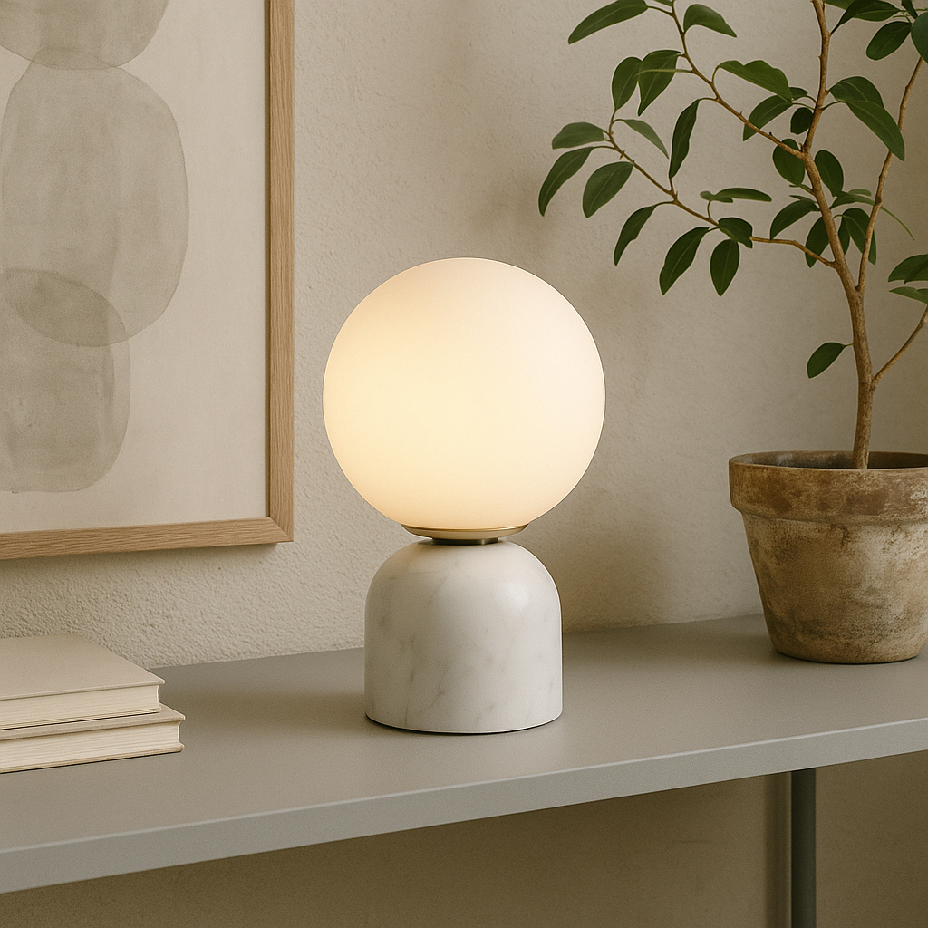 Lampe LED scandinave sur table en marbre et verre