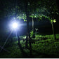 Lampe frontale allumée dans l'obscurité, éclairant un chemin