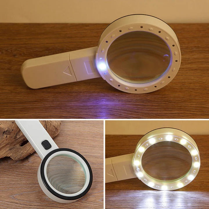 Loupe avec éclairage LED, vue de face sur fond blanc