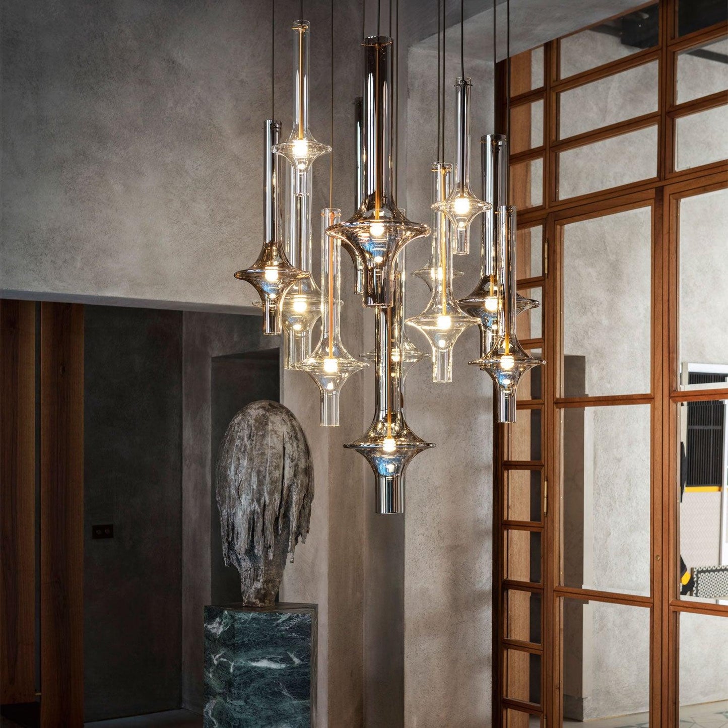 Éclairage LED réglable, lampe suspendue en verre et fer