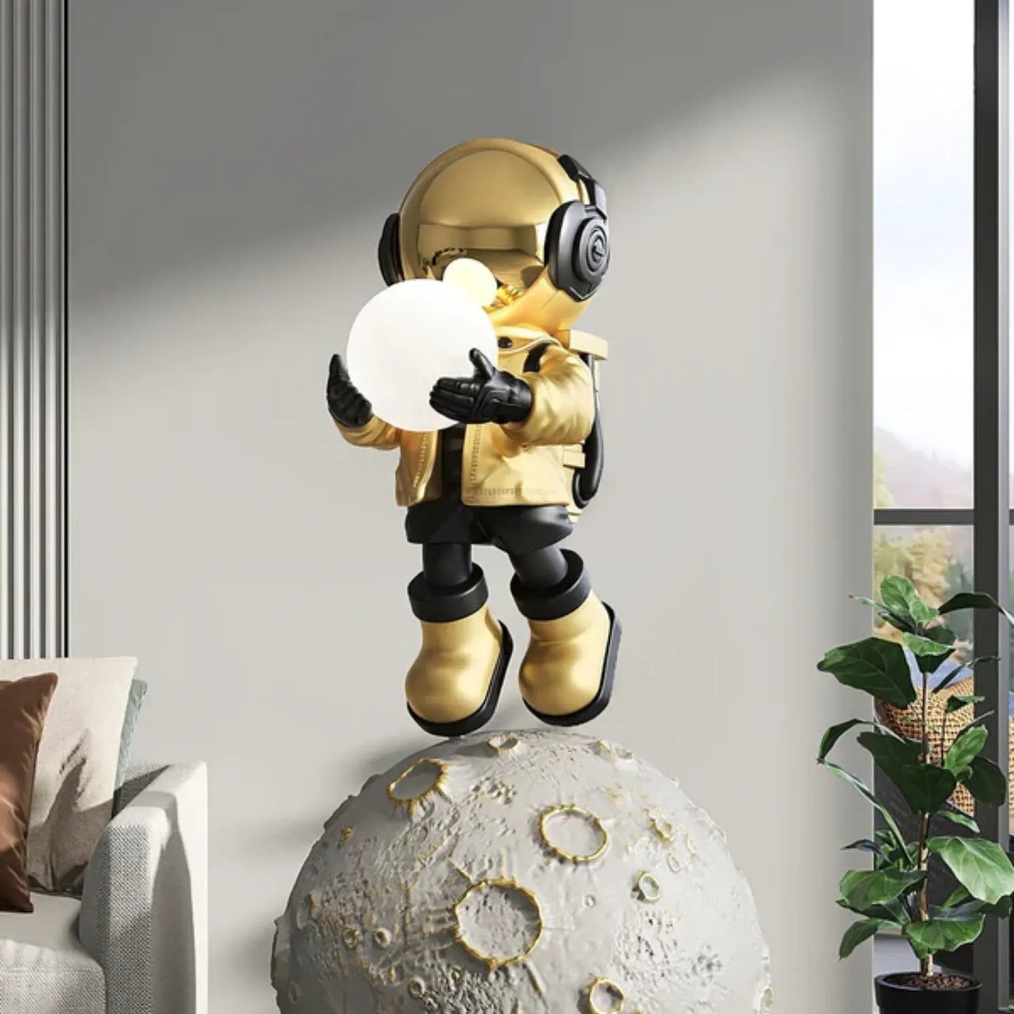 Astronaute debout sur la lune, lumière chaude activée