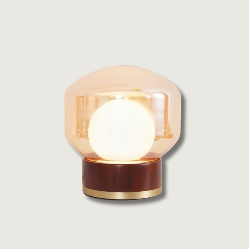 Lampe de table avec verre soufflé et base en bois