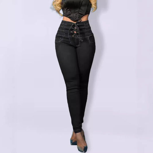 Jeggings noirs taille haute en denim extensible, vue complète