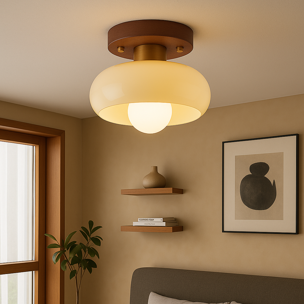 Lampe de plafond en bois crème vue de côté