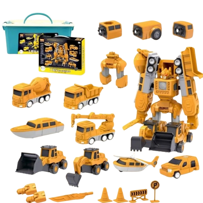 Enfant jouant avec un robot magnétique se transformant en camion