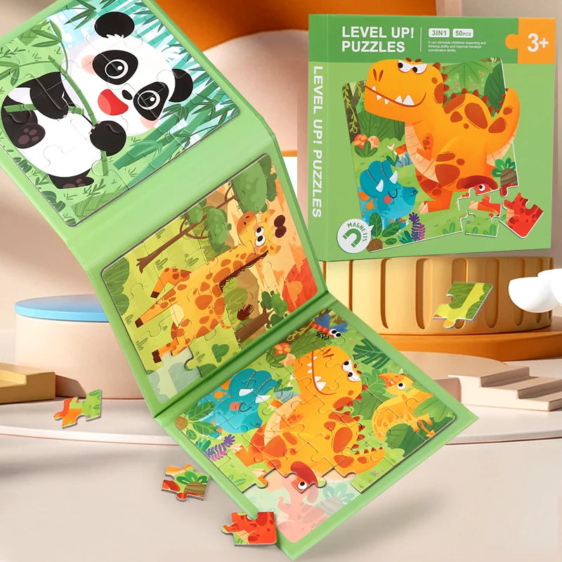 Vue d'ensemble du livre de puzzles avec animaux et formes