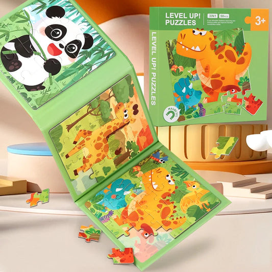 Vue d'ensemble du livre de puzzles avec animaux et formes