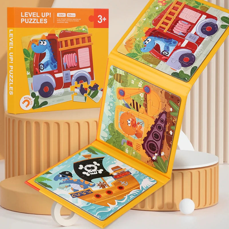 Enfant concentré sur un puzzle magnétique en voyage