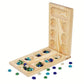 Détail des charnières du plateau pliant en bois du Mancala