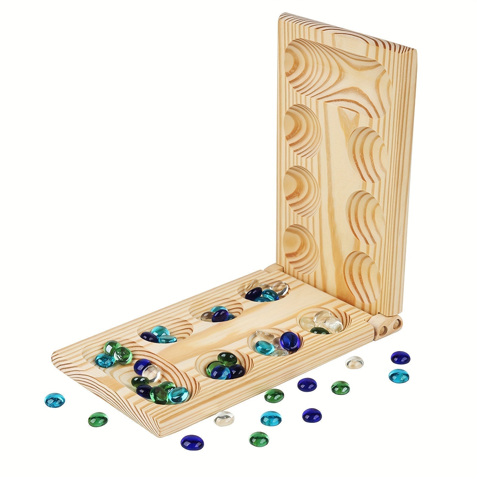 Détail des charnières du plateau pliant en bois du Mancala