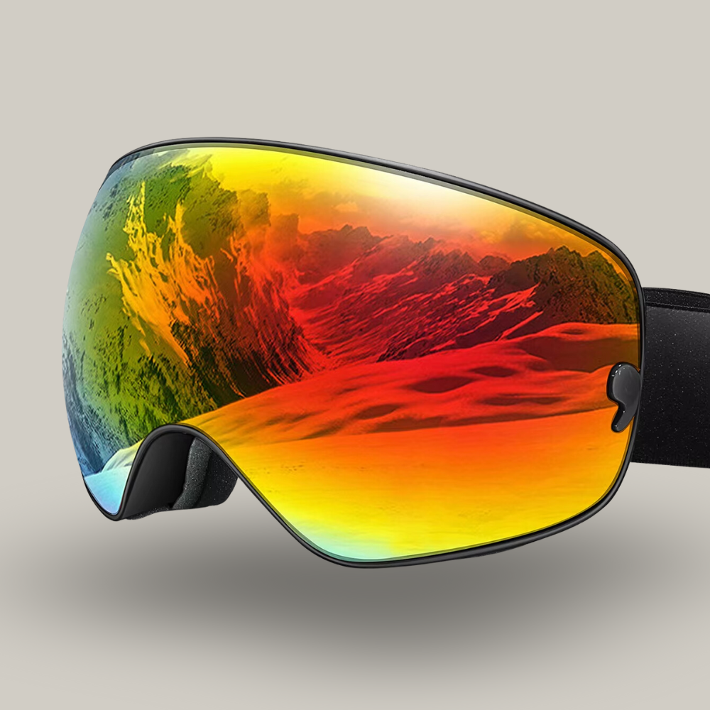 Masque de ski sur fond blanc, mettant en avant le verre résistant