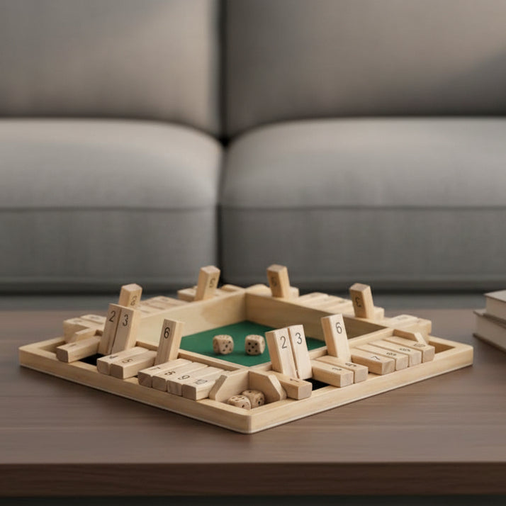 Vue d'ensemble du jeu de dés Montessori sur une table
