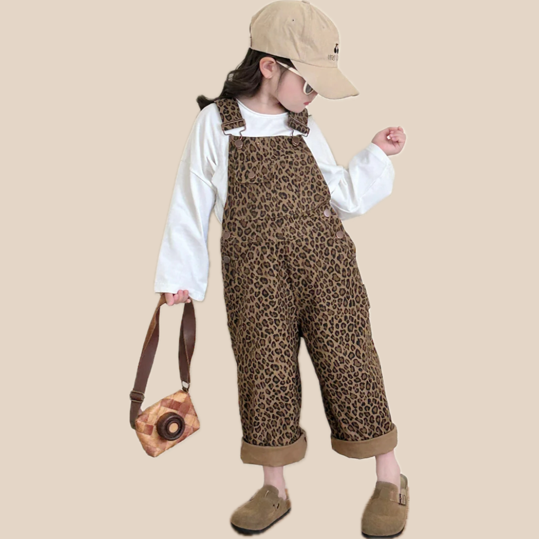 Salopette léopard fille avec bretelles réglables en coton
