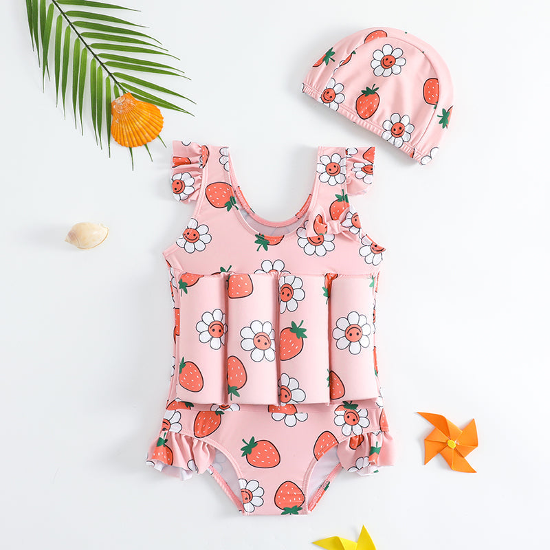 Ensemble maillot et bonnet de bain rose pour fille, séchage rapide