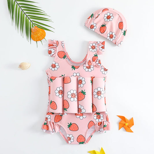 Ensemble maillot et bonnet de bain rose pour fille, séchage rapide