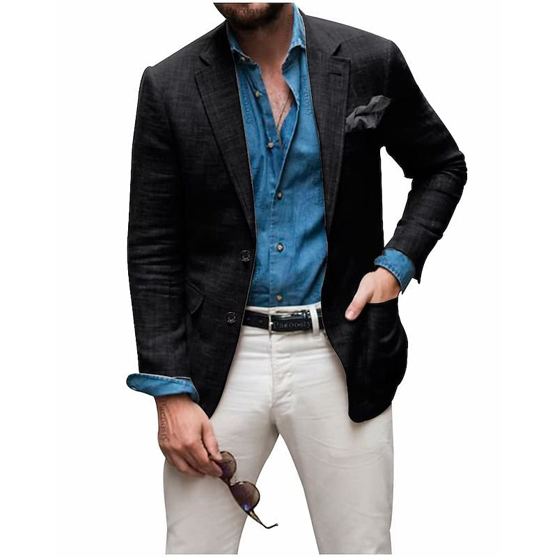 Blazer en lin sur cintre, montrant la coupe moderne