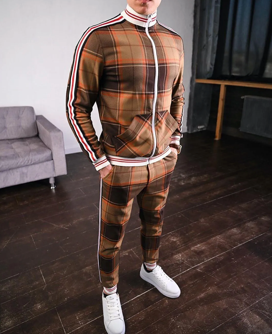 Ensemble complet de survêtement à carreaux, veste et pantalon assortis